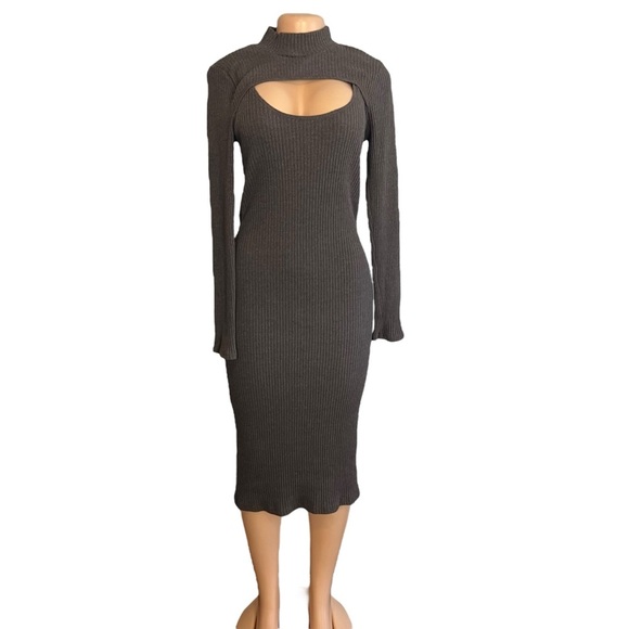 Anthropologie T.L.A Grey Mock Neck Cut Out Midi Dress - Picture 2 of 14
